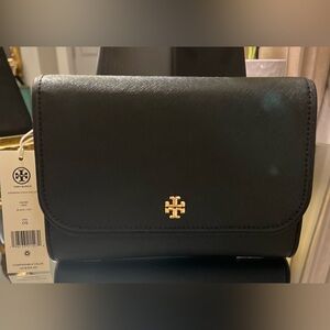 NWT Tory Burch Black Clutch with Gold Logo